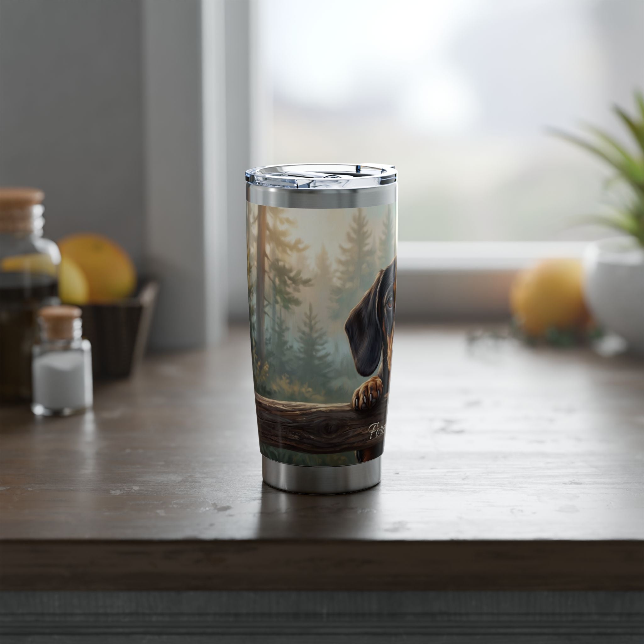 Dachshund Tumbler Personalized – 20 oz Stainless Steel Travel Mug with Custom Name, Black & Tan Forest Design
