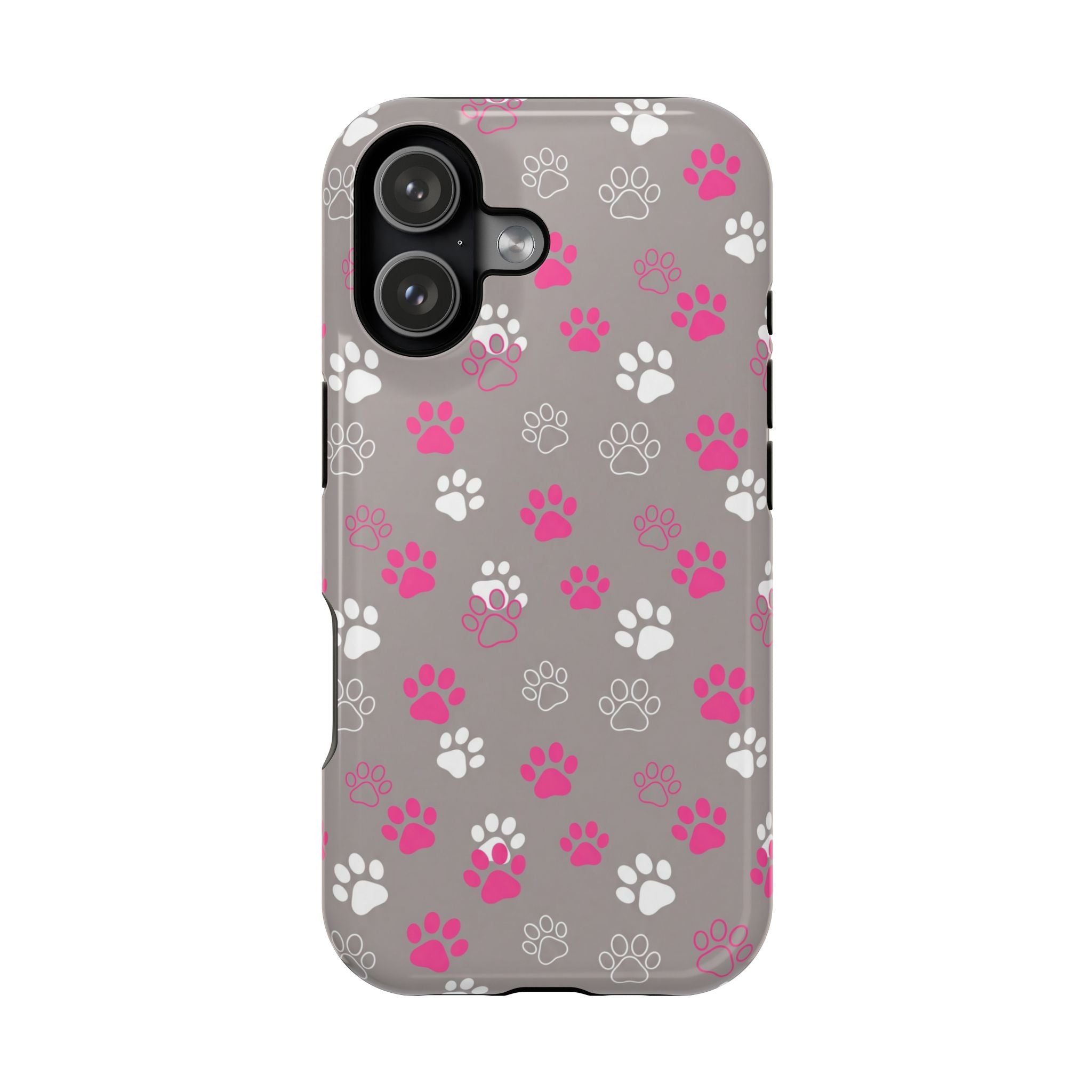 Pink & White Paw Print Phone Case — Impact-Resistant Wireless Charging Cover