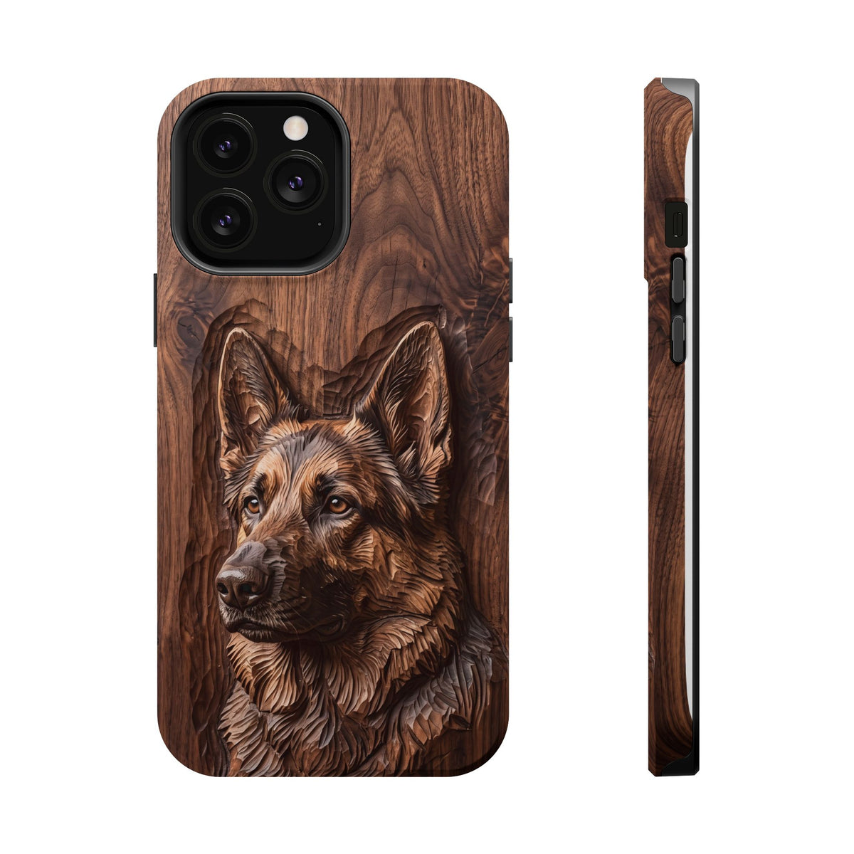 German Shepherd Phone Case | Carved Walnut Art — Tough Magnetic Case with Wireless Charging