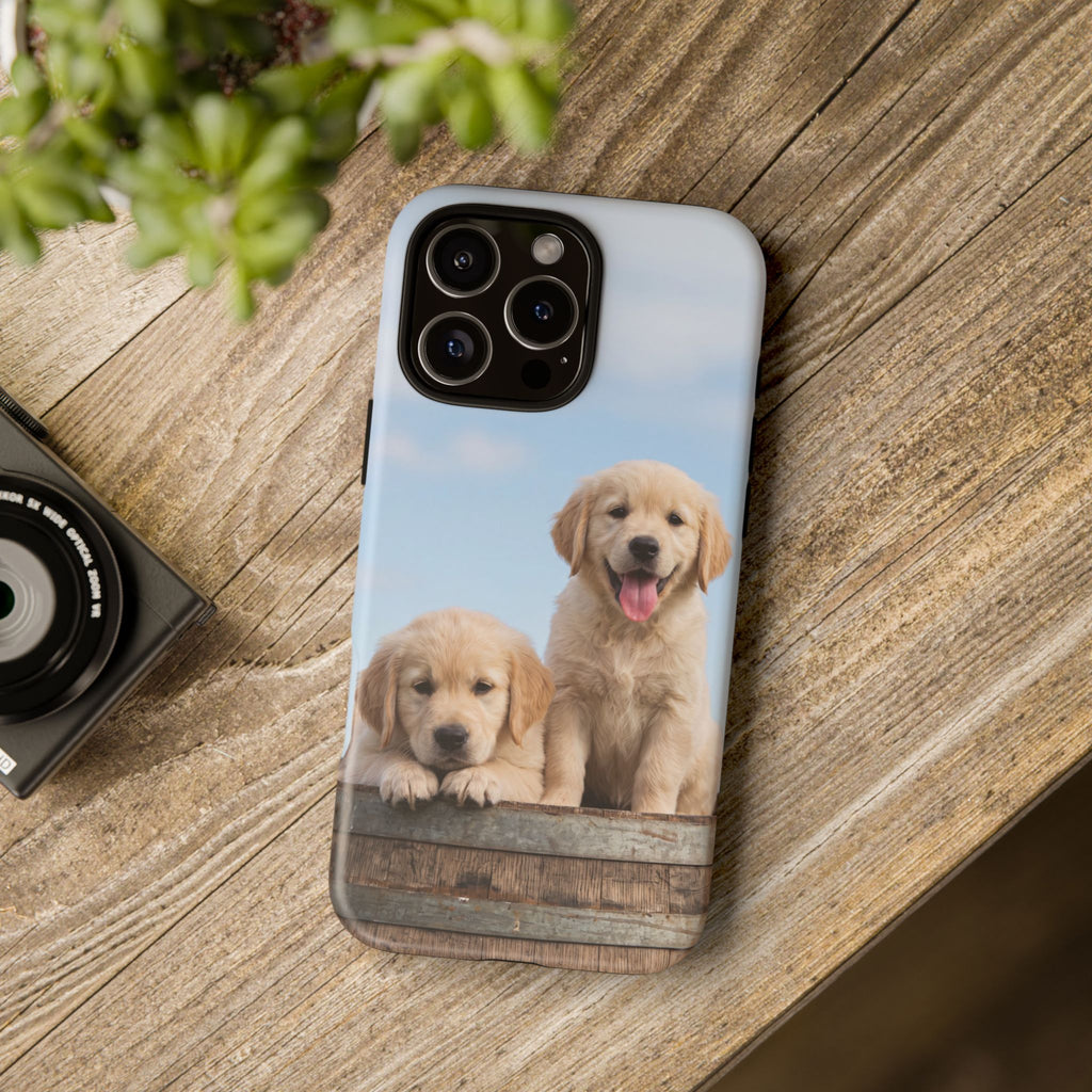 Golden Retriever Puppies on Barrel Phone Case | Cute Duo Under Blue Sky | iPhone & Samsung