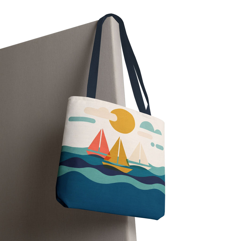 Minimalist Sailboat Tote Bag – Mid-Century Modern Ocean Waves Beach Bag