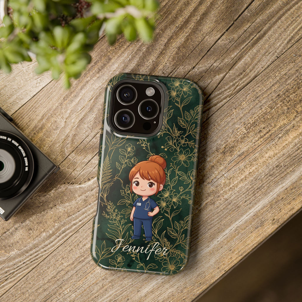 Personalized Nurse Botanical Phone Case — Impact-Resistant Wireless Charging Cover