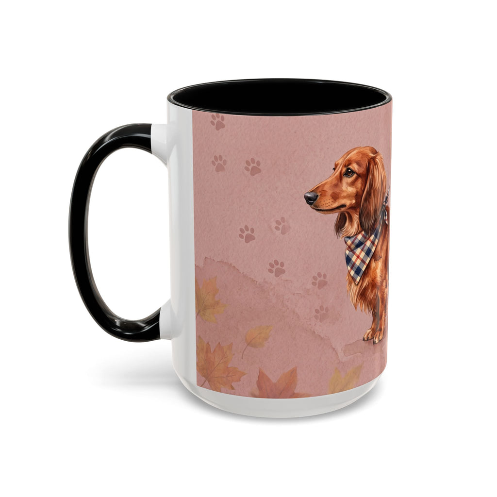 Dachshund Lover Mug | Long-Haired Wiener Dog with Plaid Bandana, Dusty Rose Watercolor Dog Gift