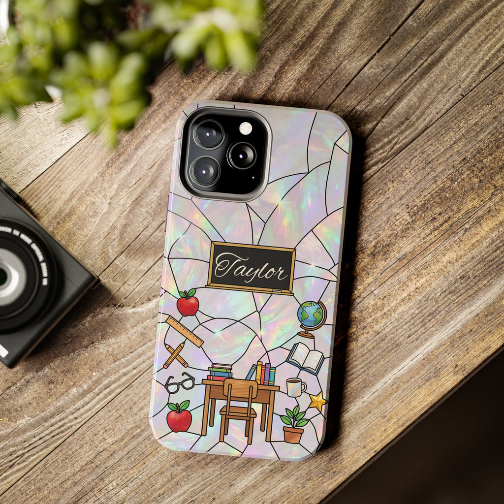 Personalized Teacher Phone Case — Custom Name Stained Glass Classroom Design