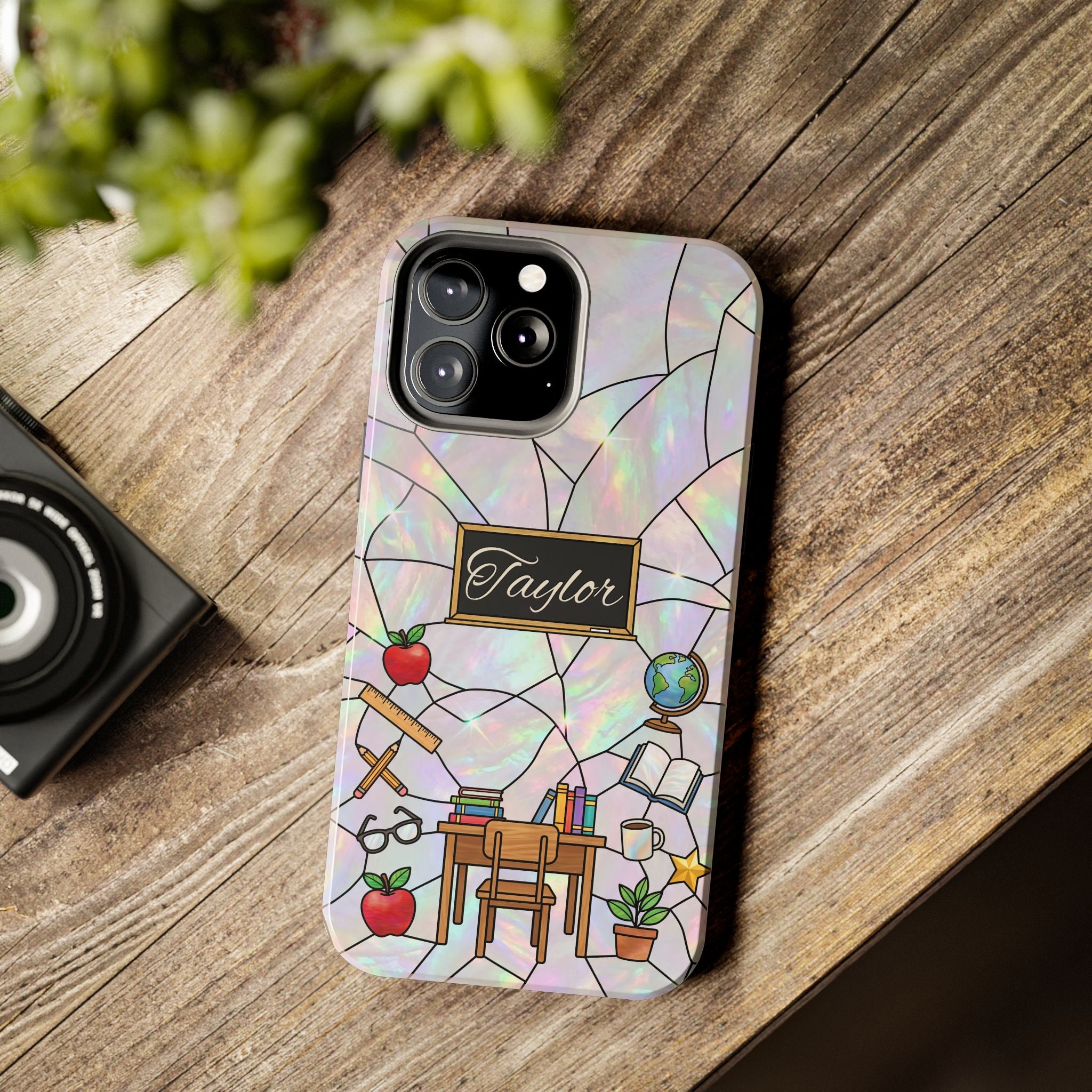 Personalized Teacher Phone Case — Custom Name Stained Glass Classroom Design