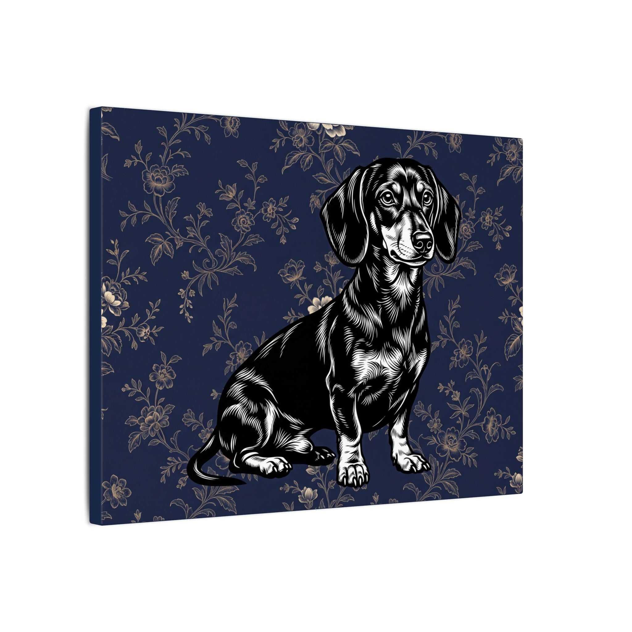 Dachshund Art Canvas – Vintage Floral Navy Matte Stretched Wall Decor