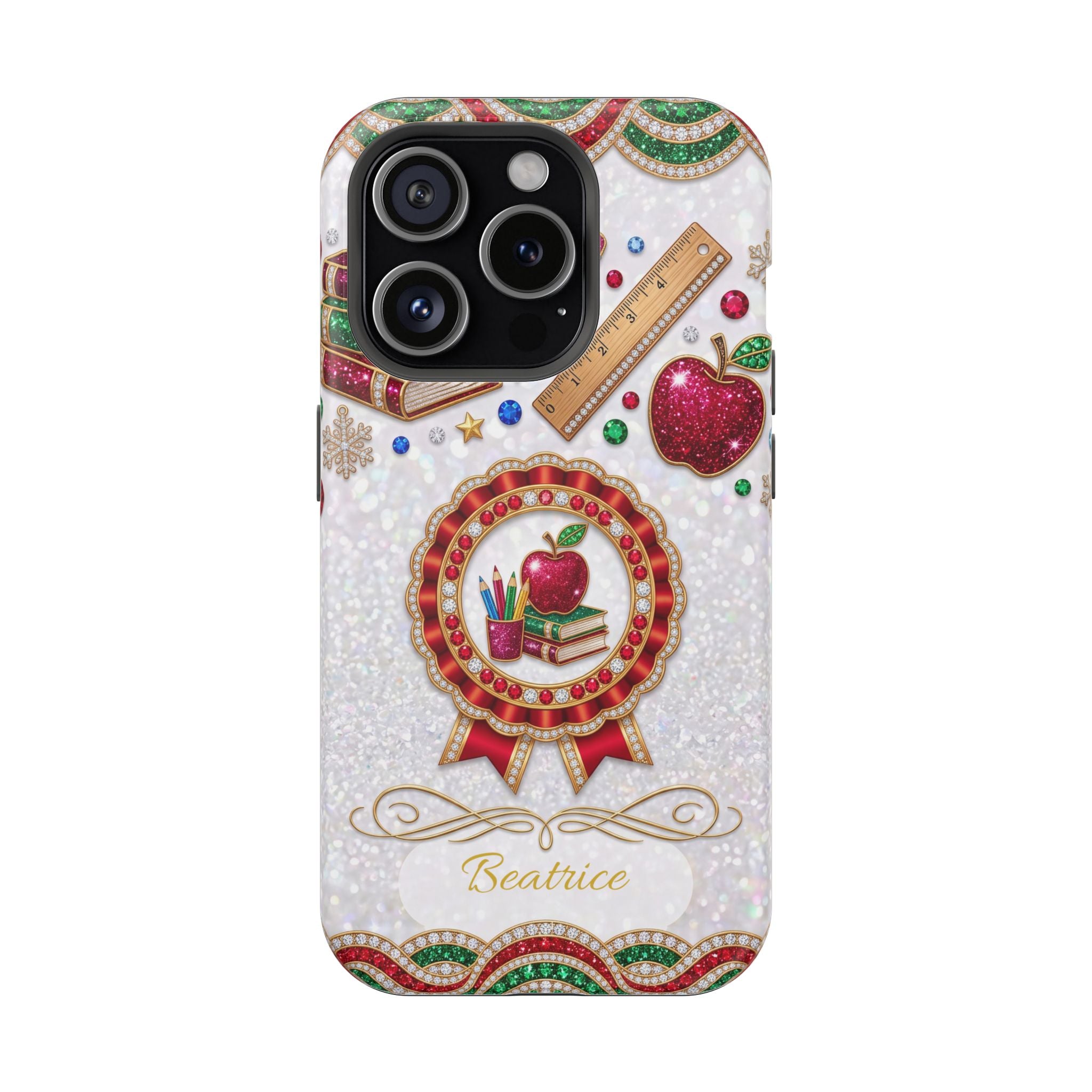 Jeweled Apple Medallion Personalized Teacher Phone Case — Wireless Charging Cover