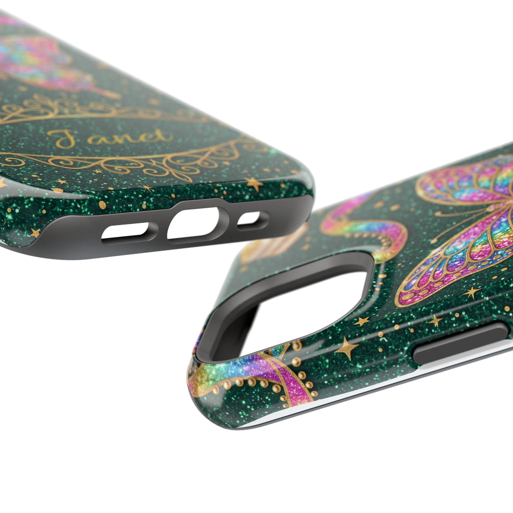 Rainbow Glitter Butterfly Personalized Teacher Phone Case — Wireless Charging Cover