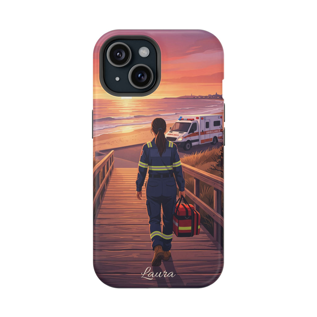 Sunset Boardwalk Personalized Paramedic Phone Case — Wireless Charging Cover