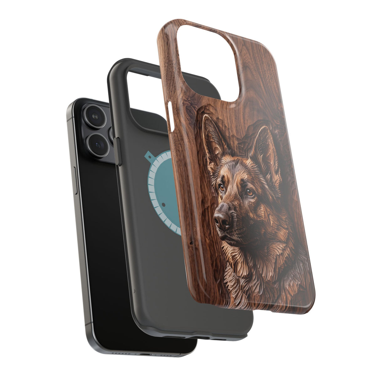 German Shepherd Phone Case | Carved Walnut Art — Tough Magnetic Case with Wireless Charging