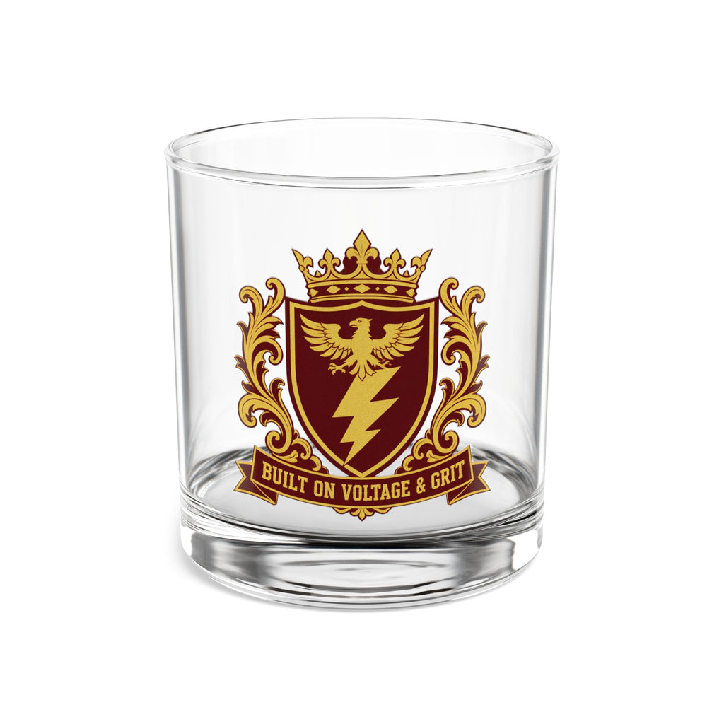 Built On Voltage & Grit Crest Rocks Glass 10oz — Burgundy & Gold Electrician Glass