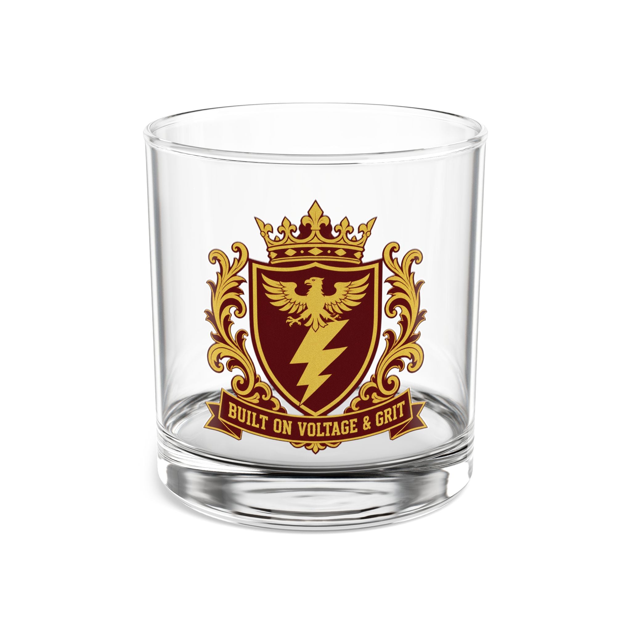 Built On Voltage & Grit Crest Rocks Glass 10oz — Burgundy & Gold Electrician Glass
