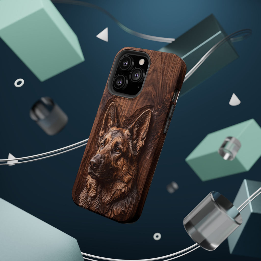German Shepherd Phone Case | Carved Walnut Art — Tough Magnetic Case with Wireless Charging