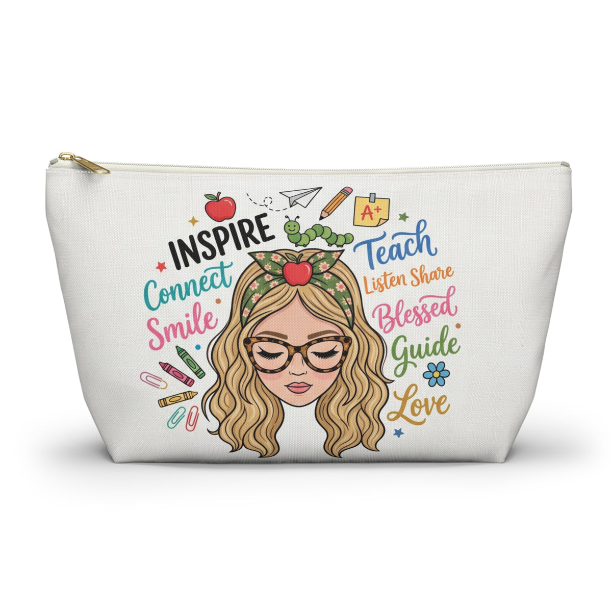Inspire Teach Blonde Illustrated Teacher Pouch — T-Bottom Zipper Bag