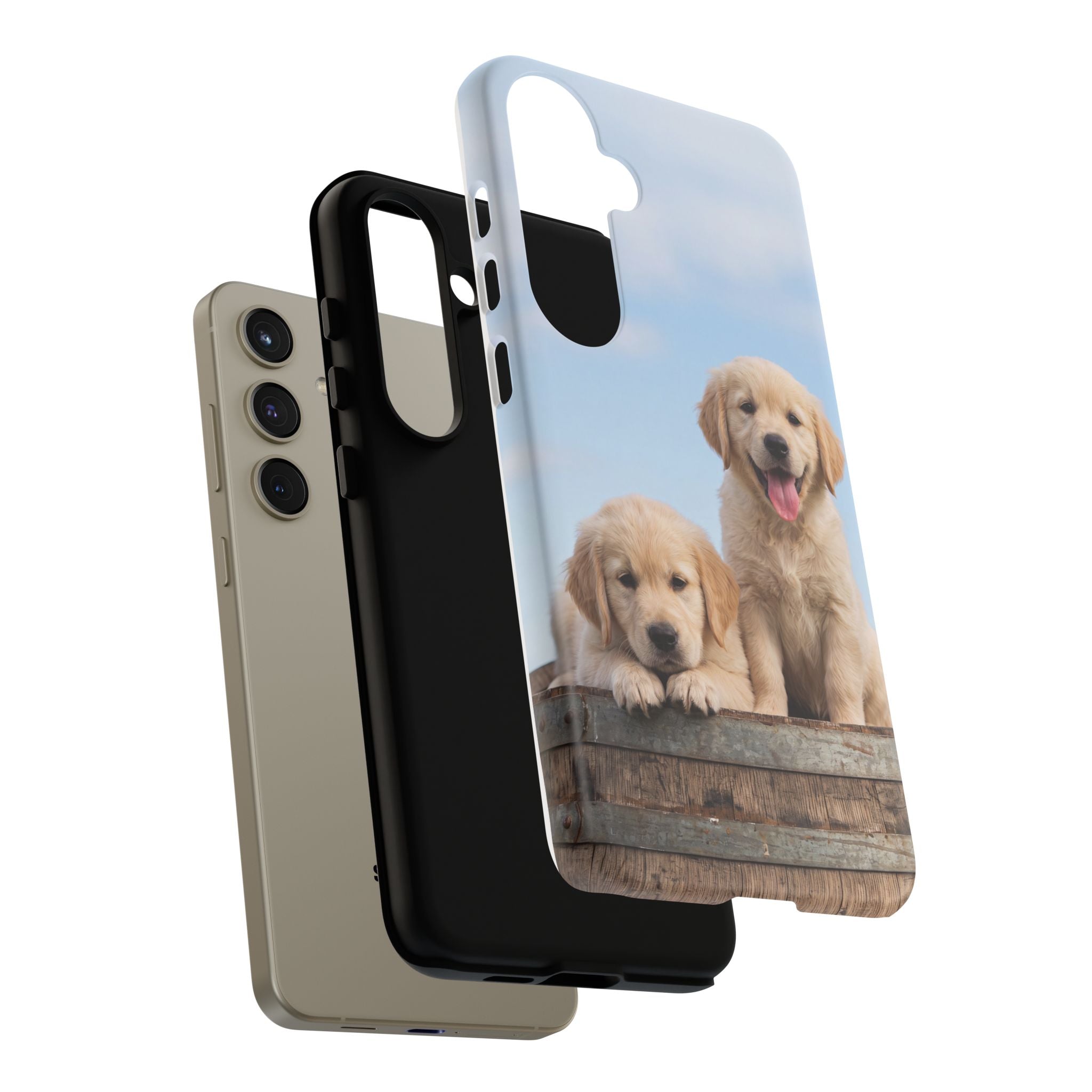 Golden Retriever Puppies on Barrel Phone Case | Cute Duo Under Blue Sky | iPhone & Samsung