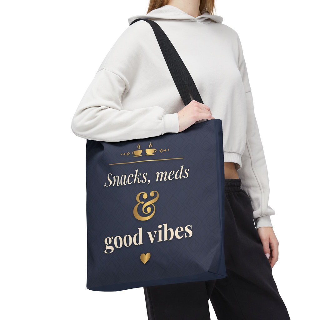 Snacks Meds & Good Vibes Tote | Funny Nurse Gift Tote Bag | Healthcare Worker Humour Gift | Premium Polyester Carry-All