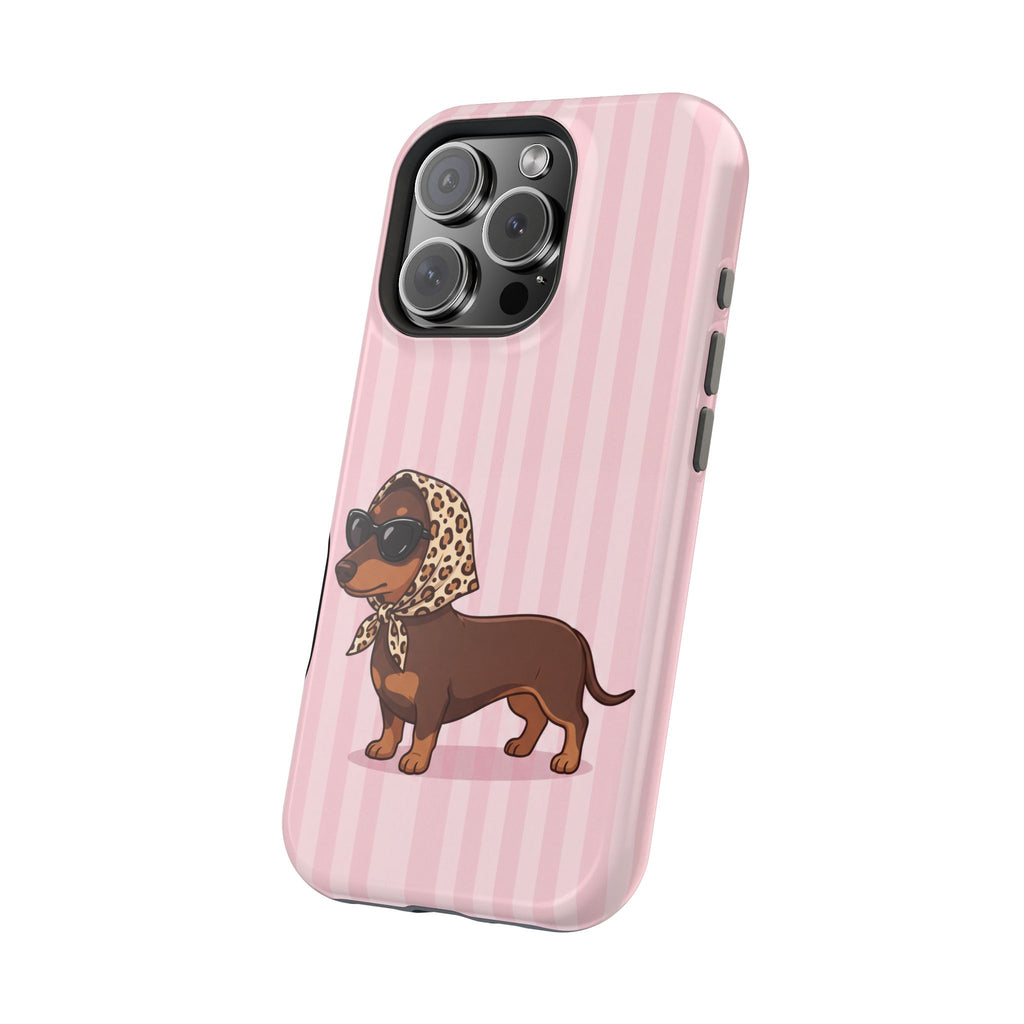 Glam Dachshund Phone Case | Cute Sausage Dog in Leopard Scarf & Sunglasses | Pink Stripe Case for iPhone & Samsung