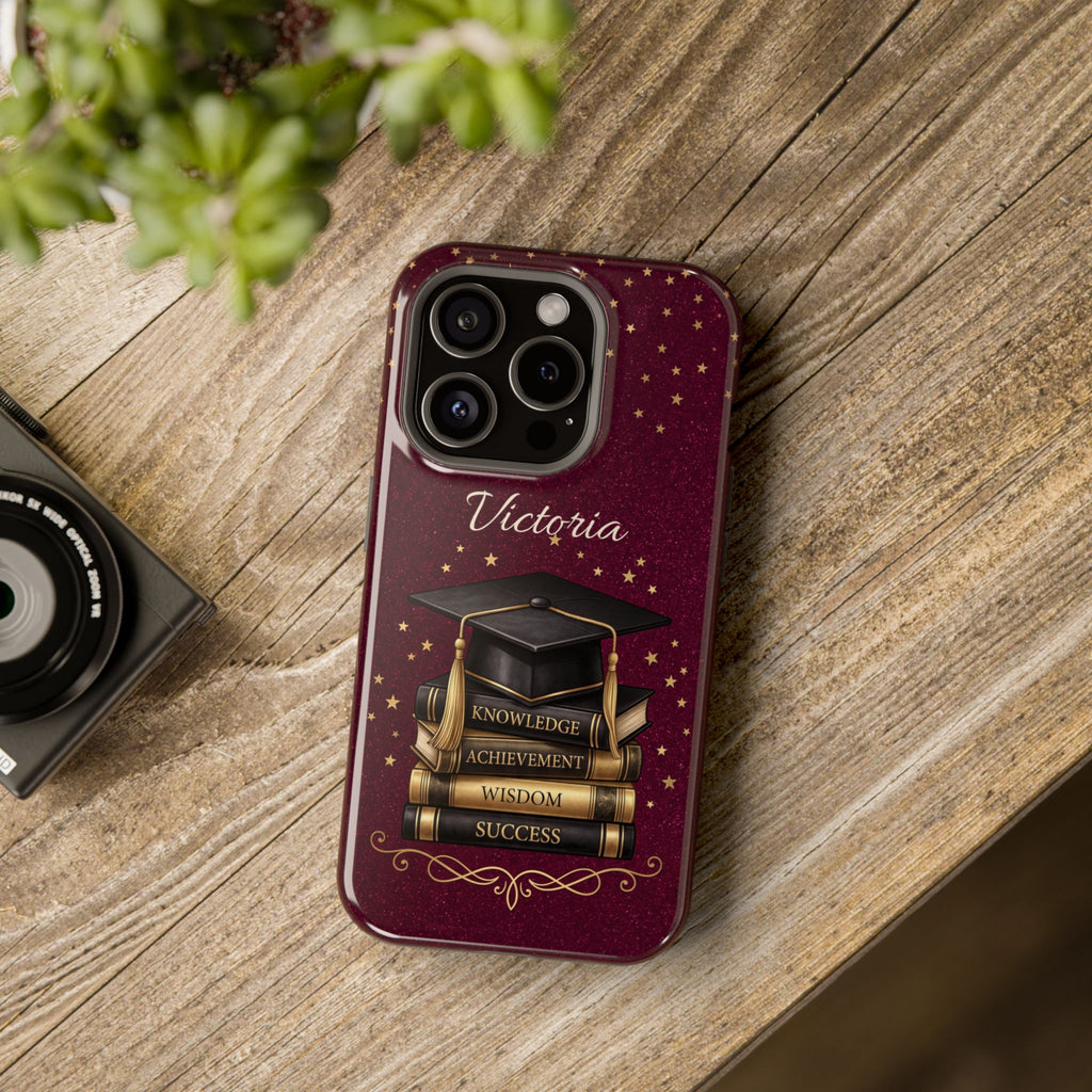 Graduation Cap & Books Personalized Teacher Phone Case — Wireless Charging Cover