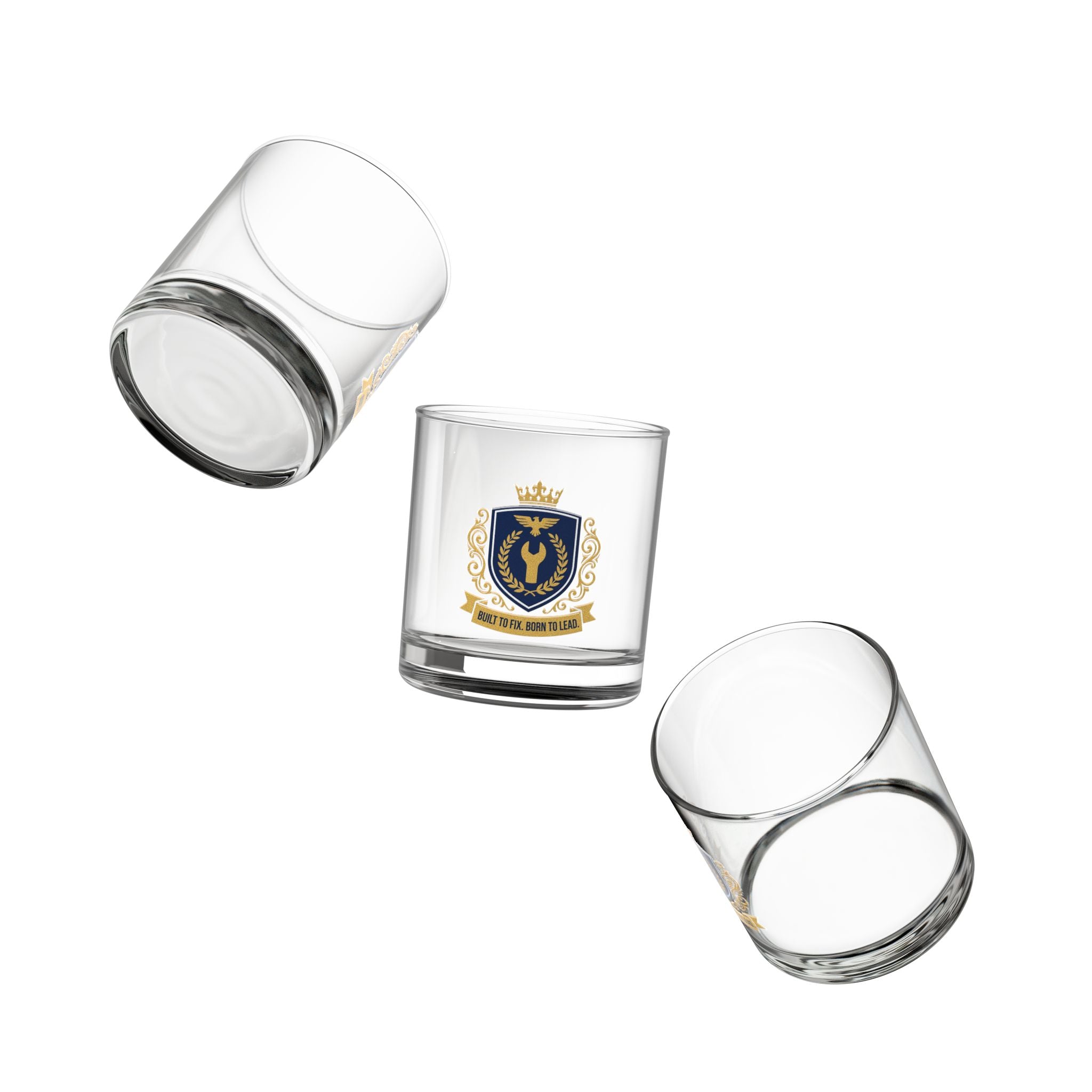 Built To Fix Born To Lead Crest Rocks Glass 10oz — Navy & Gold Plumber Glass