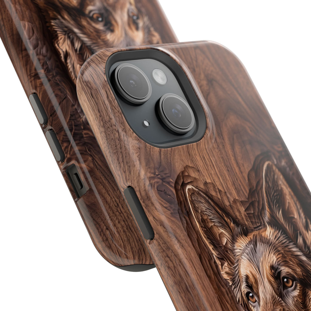 German Shepherd Phone Case | Carved Walnut Art — Tough Magnetic Case with Wireless Charging