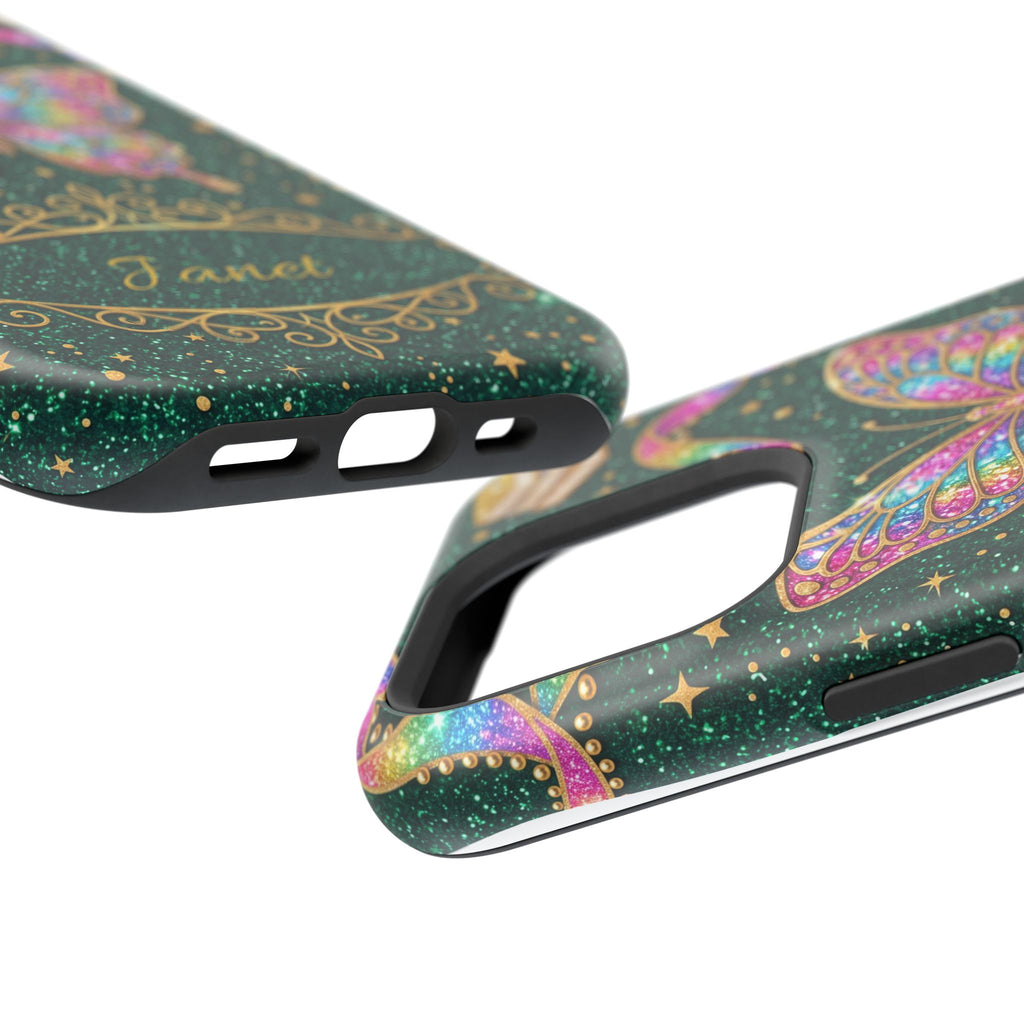 Rainbow Glitter Butterfly Personalized Teacher Phone Case — Wireless Charging Cover
