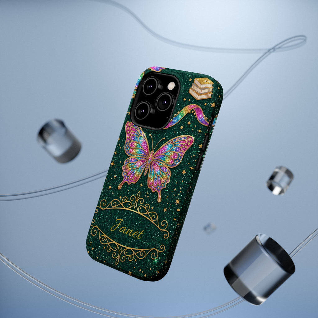 Rainbow Glitter Butterfly Personalized Teacher Phone Case — Wireless Charging Cover