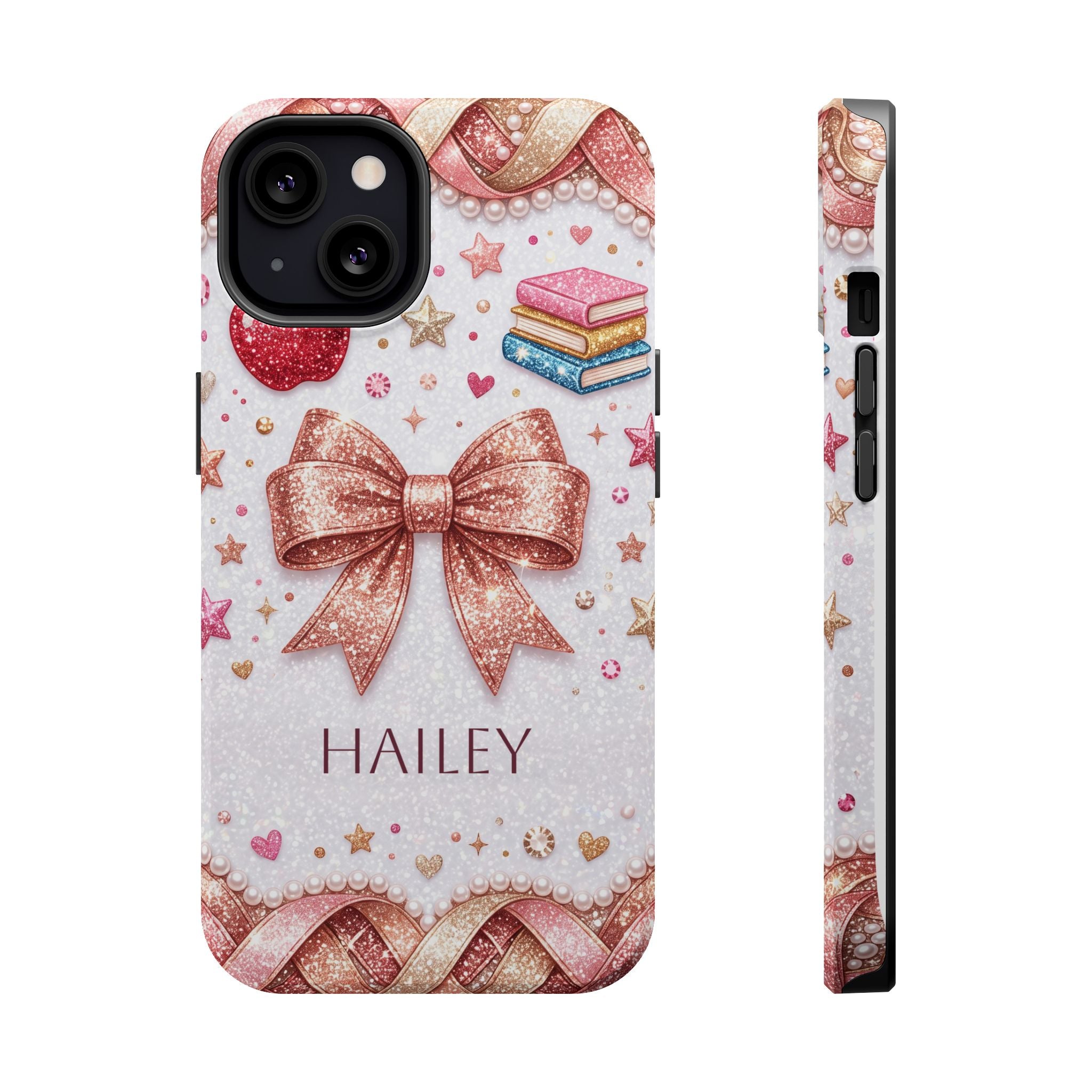 Rose Gold Glitter Bow Personalized Teacher Phone Case — Wireless Charging Cover