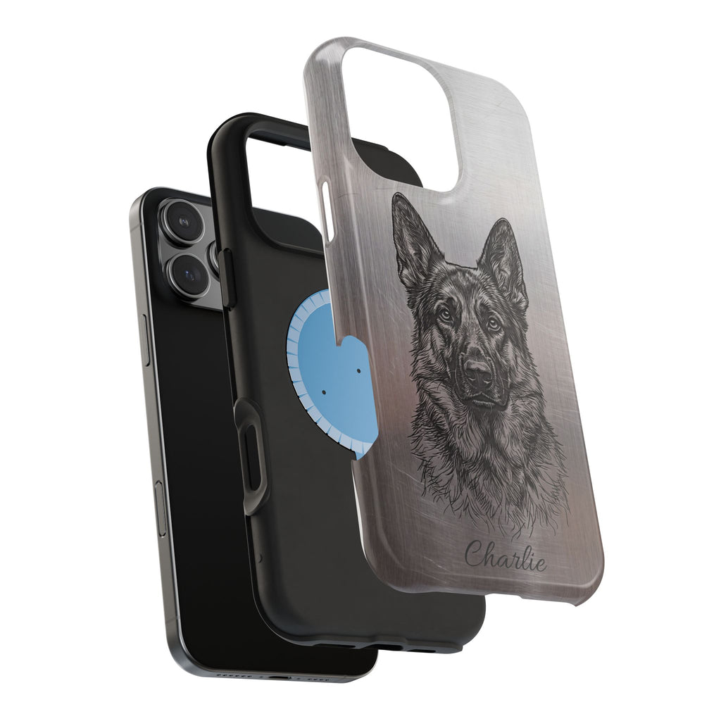 German Shepherd Phone Case | Personalized Etched Silver Art — Tough Magnetic Case with Wireless Charging
