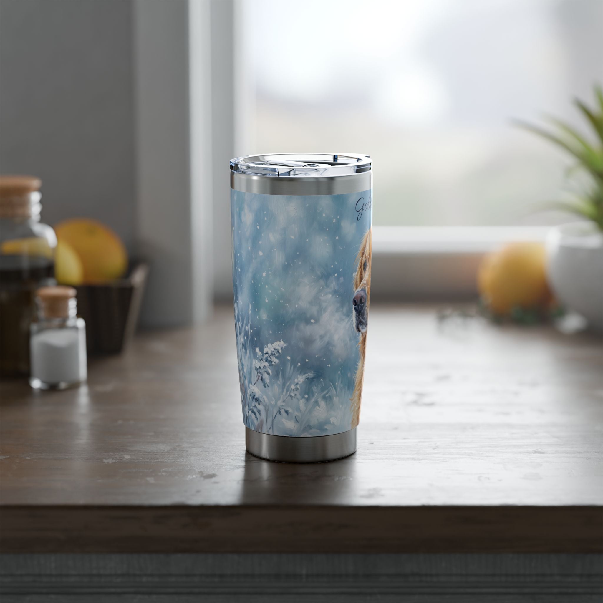 Golden Retriever Tumbler Personalized – 20 oz Stainless Steel Travel Mug with Custom Name, Icy Winter Design