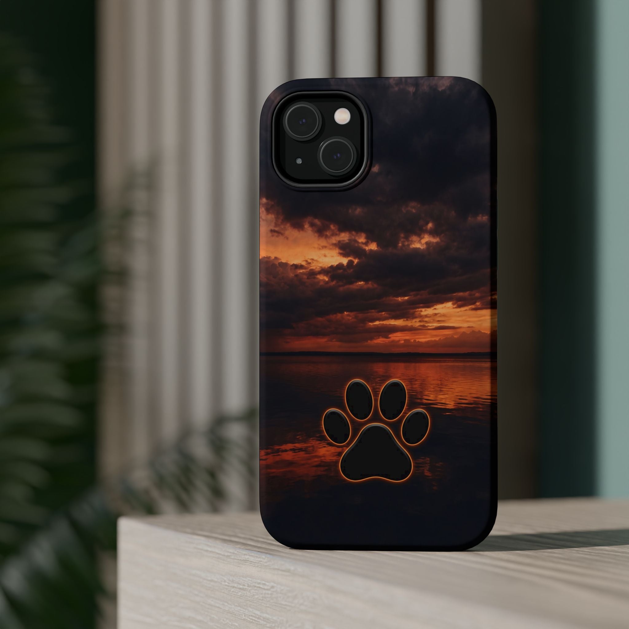 Sunset Paw Print Phone Case — Impact-Resistant Wireless Charging Cover