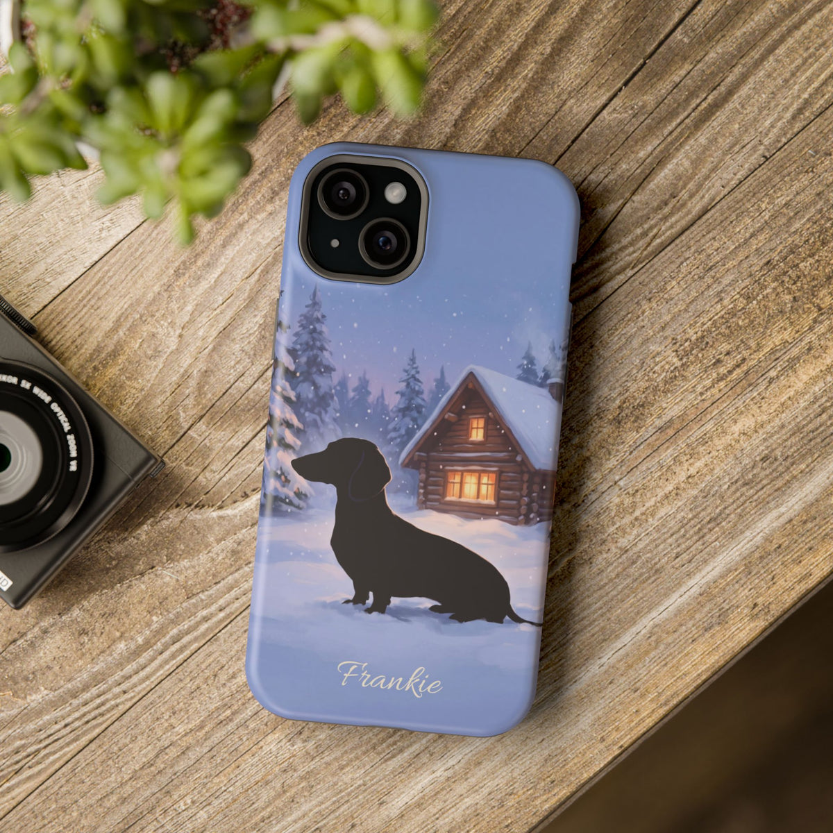 Personalized Dachshund Winter Cabin Phone Case — Wireless Charging Cover