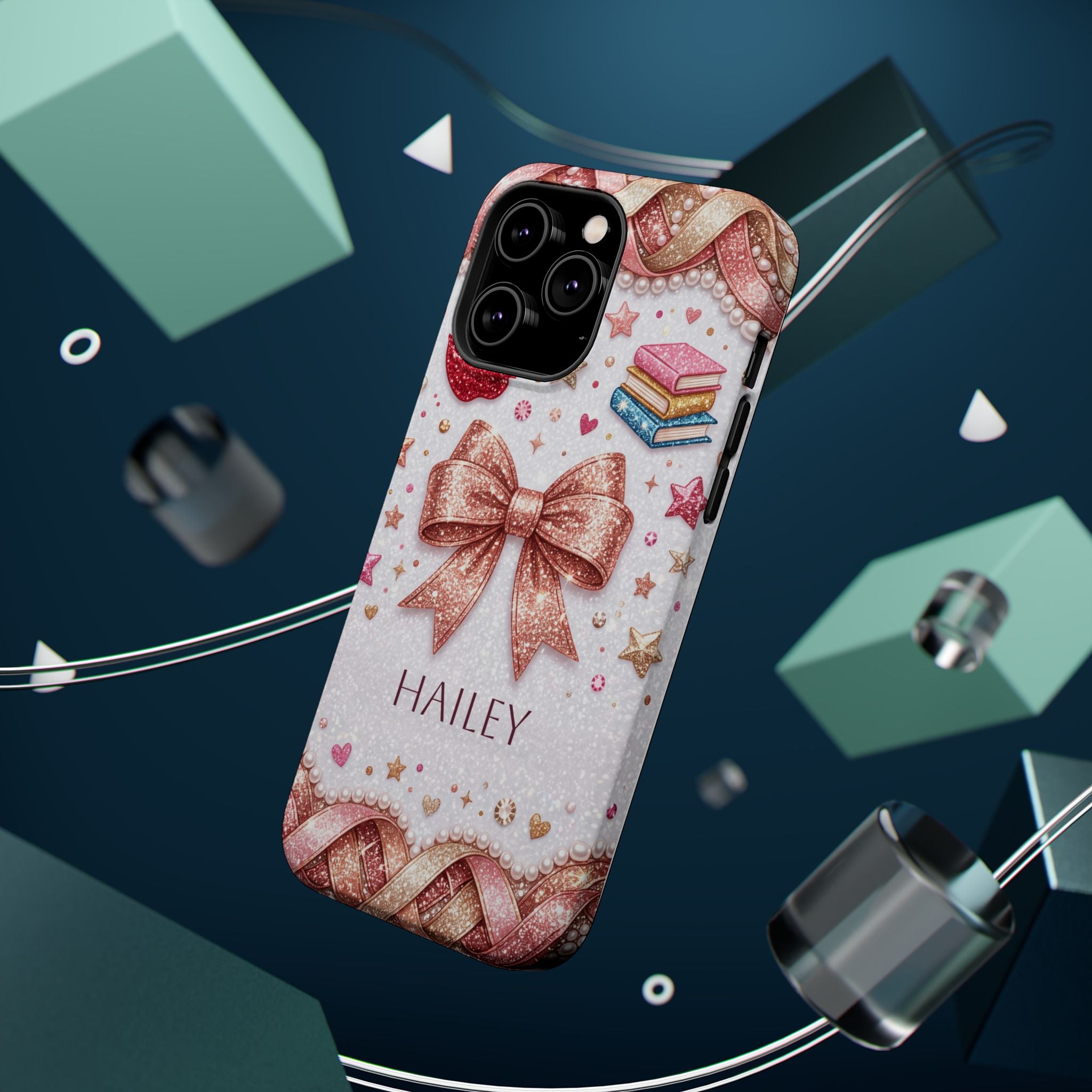 Rose Gold Glitter Bow Personalized Teacher Phone Case — Wireless Charging Cover