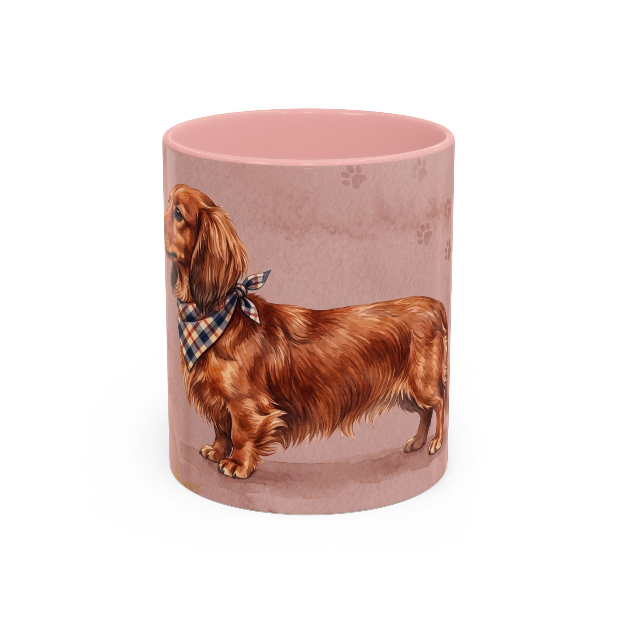 Dachshund Lover Mug | Long-Haired Wiener Dog with Plaid Bandana, Dusty Rose Watercolor Dog Gift