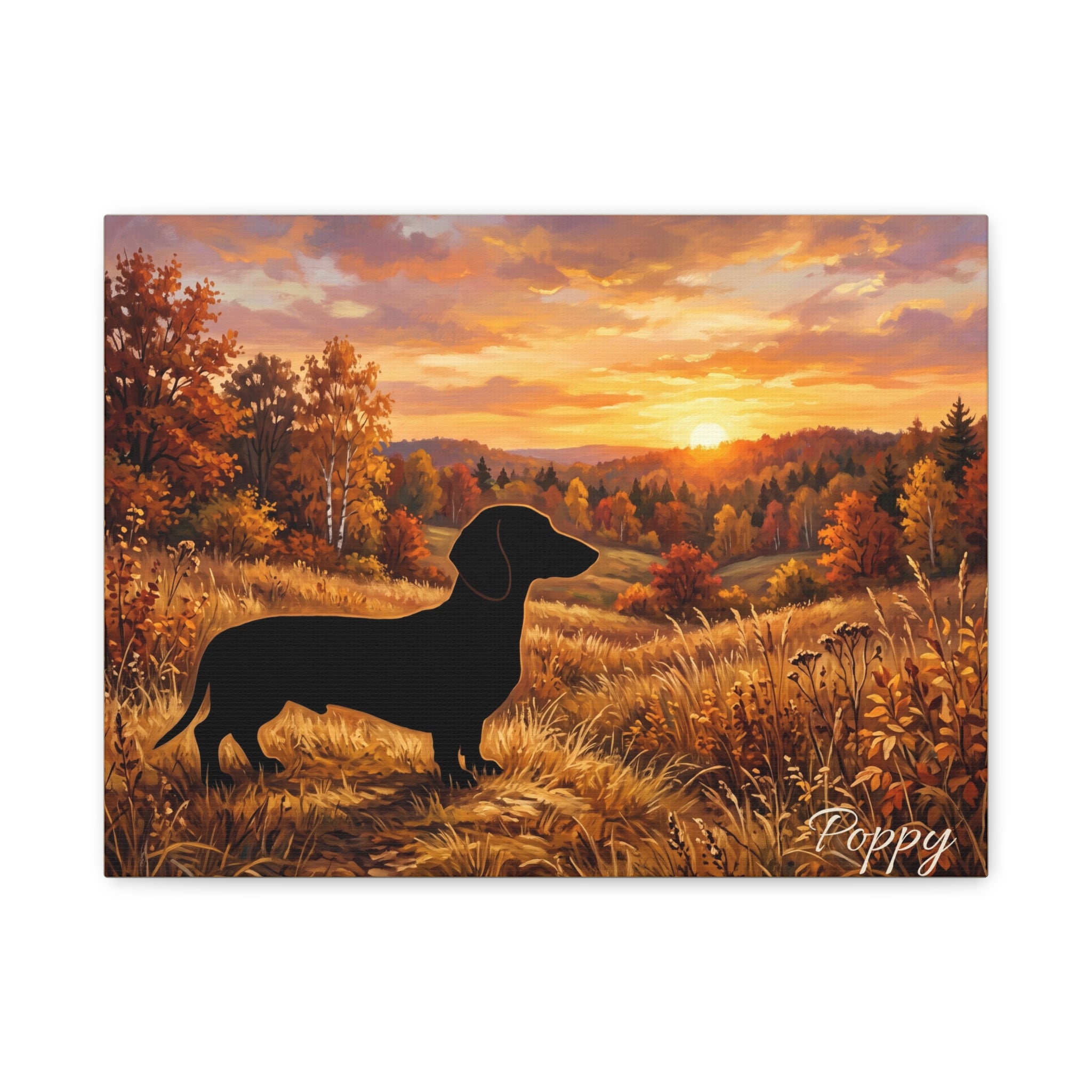 Dachshund Silhouette Personalized Canvas | Autumn Sunset Wall Art