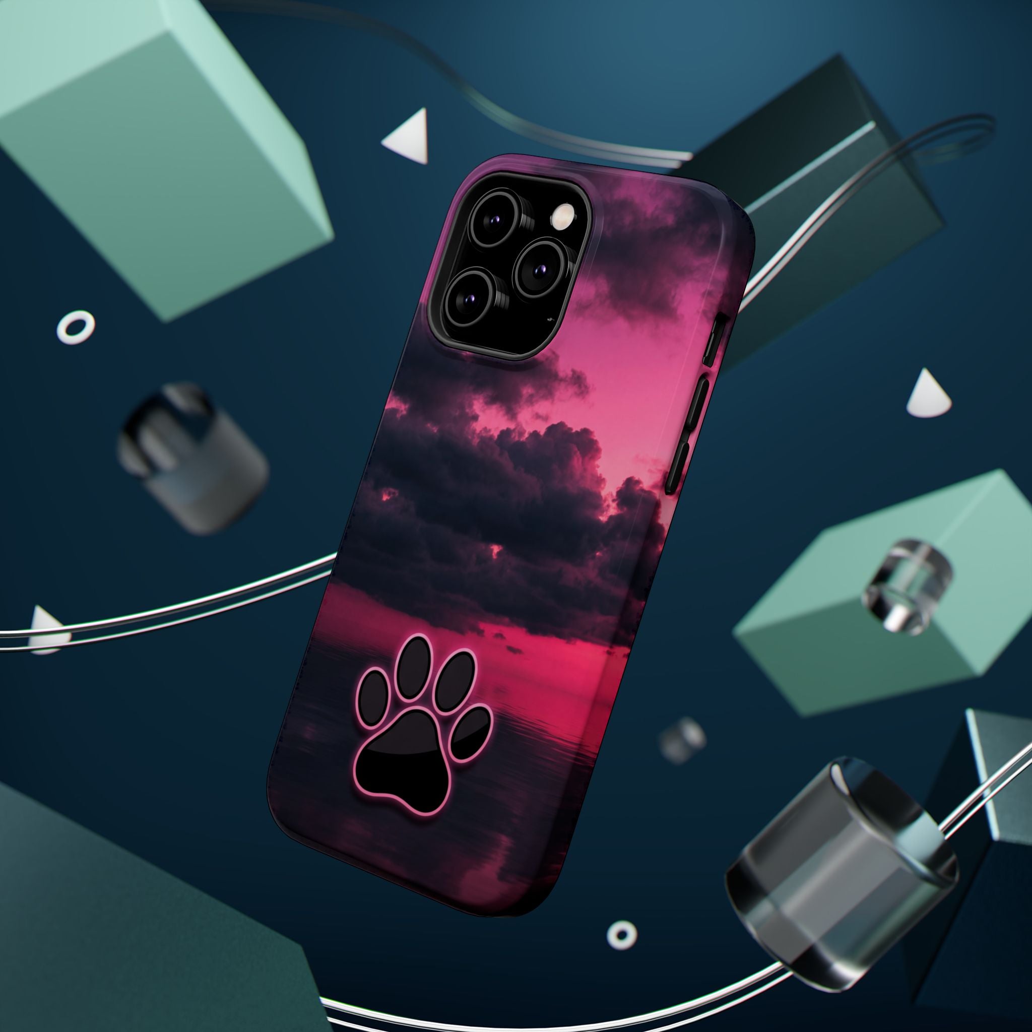 iPhone & Samsung Magnetic Impact-Resistant Phone Case — Pink Twilight Cloud with Paw Print