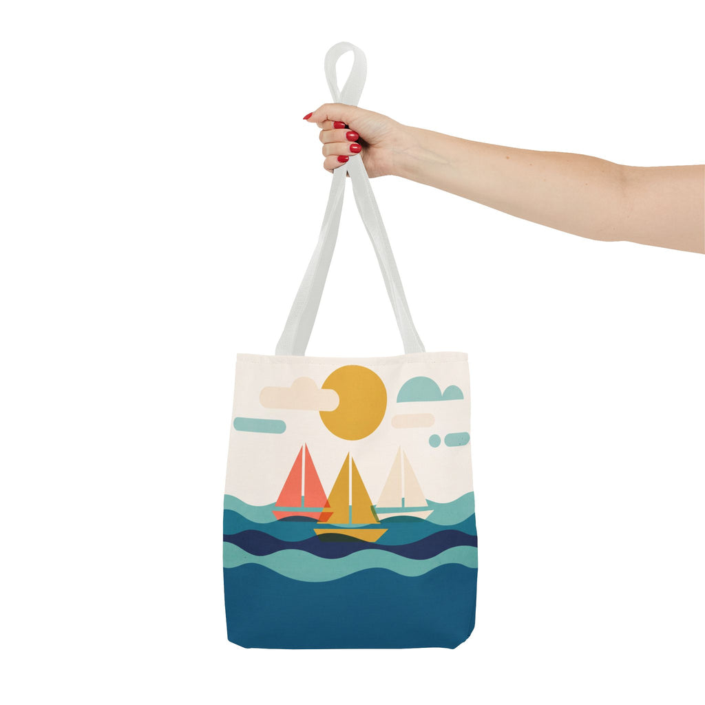 Minimalist Sailboat Tote Bag – Mid-Century Modern Ocean Waves Beach Bag