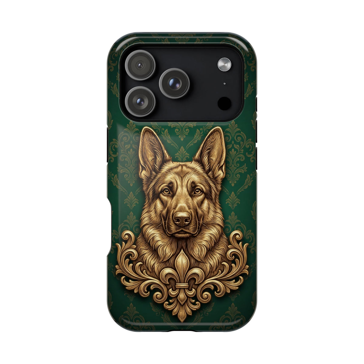 German Shepherd Phone Case | Emerald Baroque Gold Art — Tough Magnetic Case with Wireless Charging