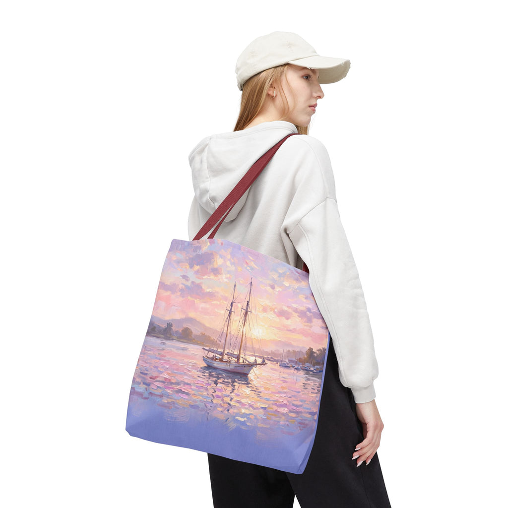 Pastel Sailboat Tote Bag – Impressionist Sunset Harbor Beach Bag