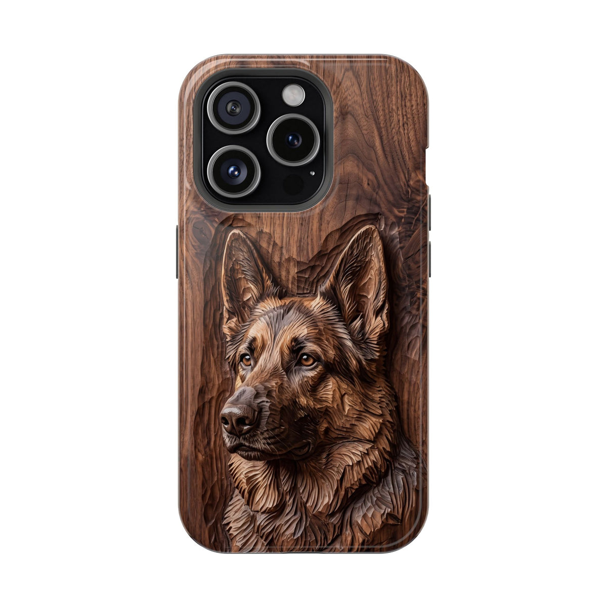 German Shepherd Phone Case | Carved Walnut Art — Tough Magnetic Case with Wireless Charging
