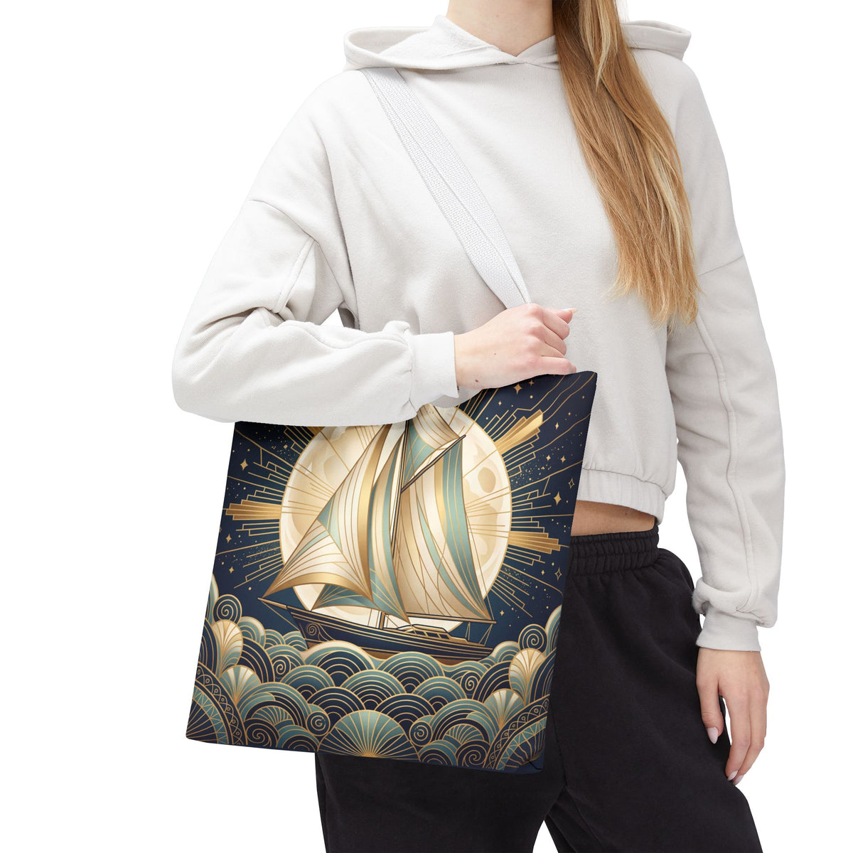 Art Deco Moonlit Sailboat Tote Bag – Starry Night Nautical Beach Bag