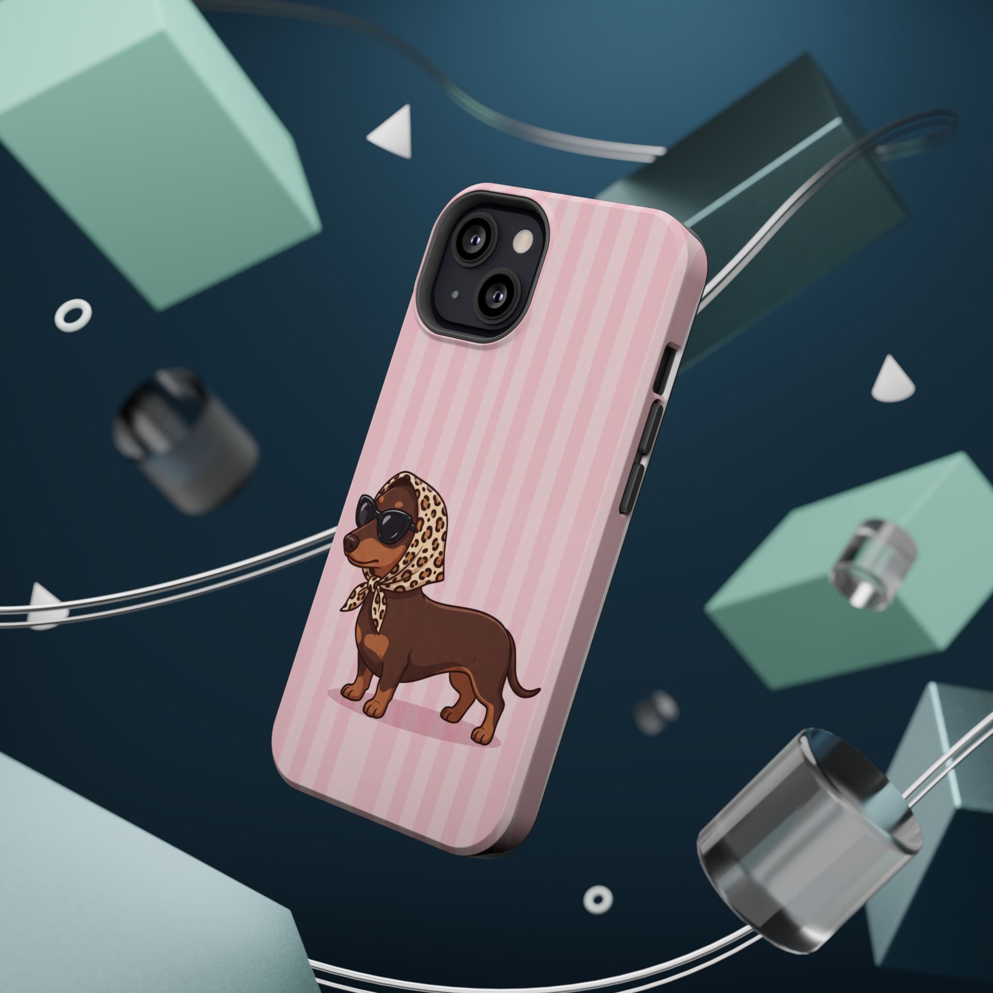 Glam Dachshund Phone Case | Cute Sausage Dog in Leopard Scarf & Sunglasses | Pink Stripe Case for iPhone & Samsung