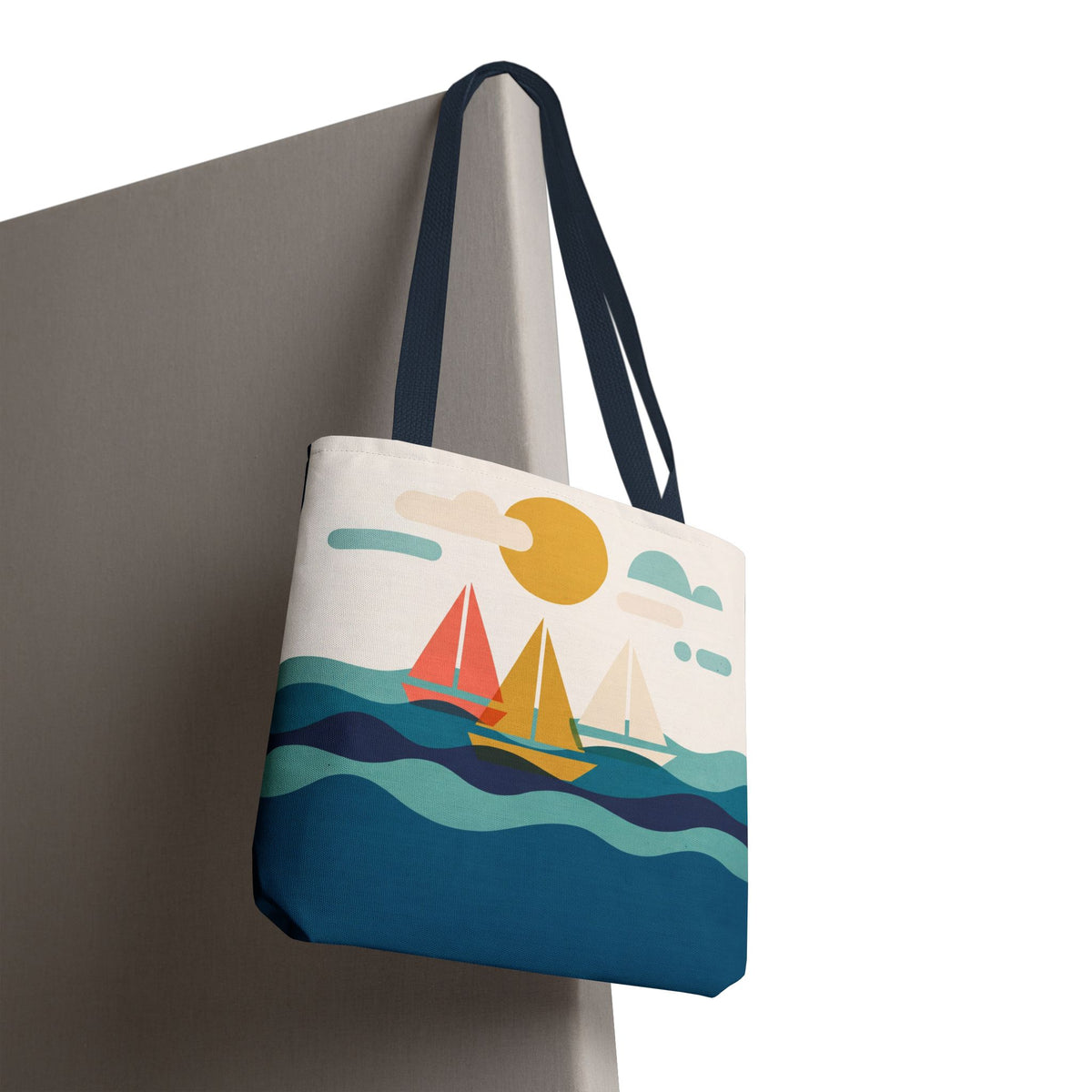 Minimalist Sailboat Tote Bag – Mid-Century Modern Ocean Waves Beach Bag