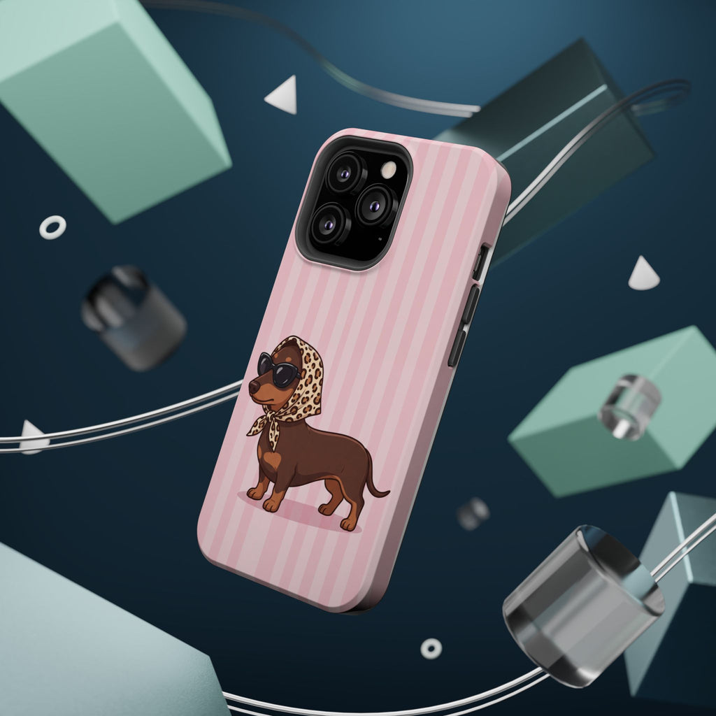 Glam Dachshund Phone Case | Cute Sausage Dog in Leopard Scarf & Sunglasses | Pink Stripe Case for iPhone & Samsung