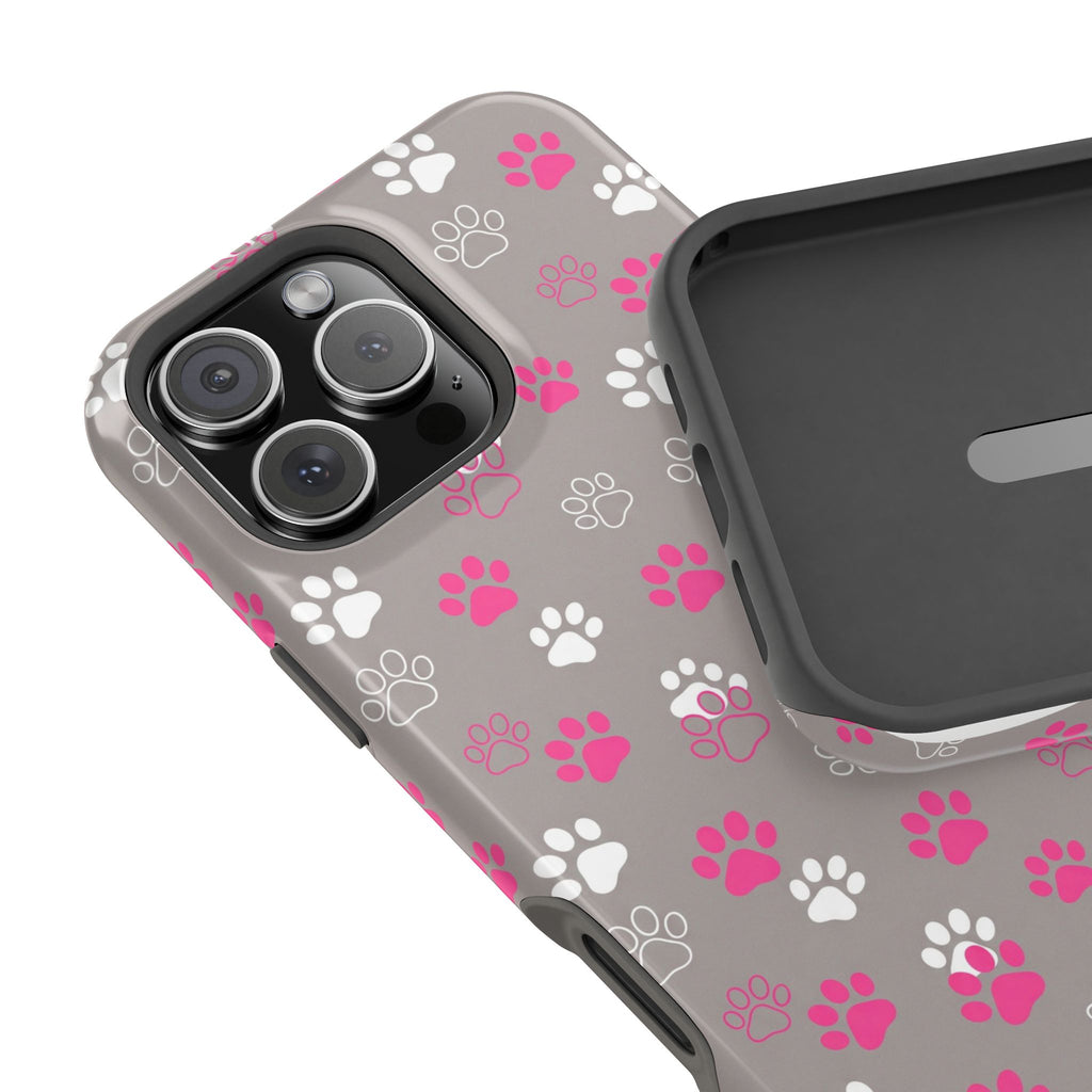 Pink & White Paw Print Phone Case — Impact-Resistant Wireless Charging Cover
