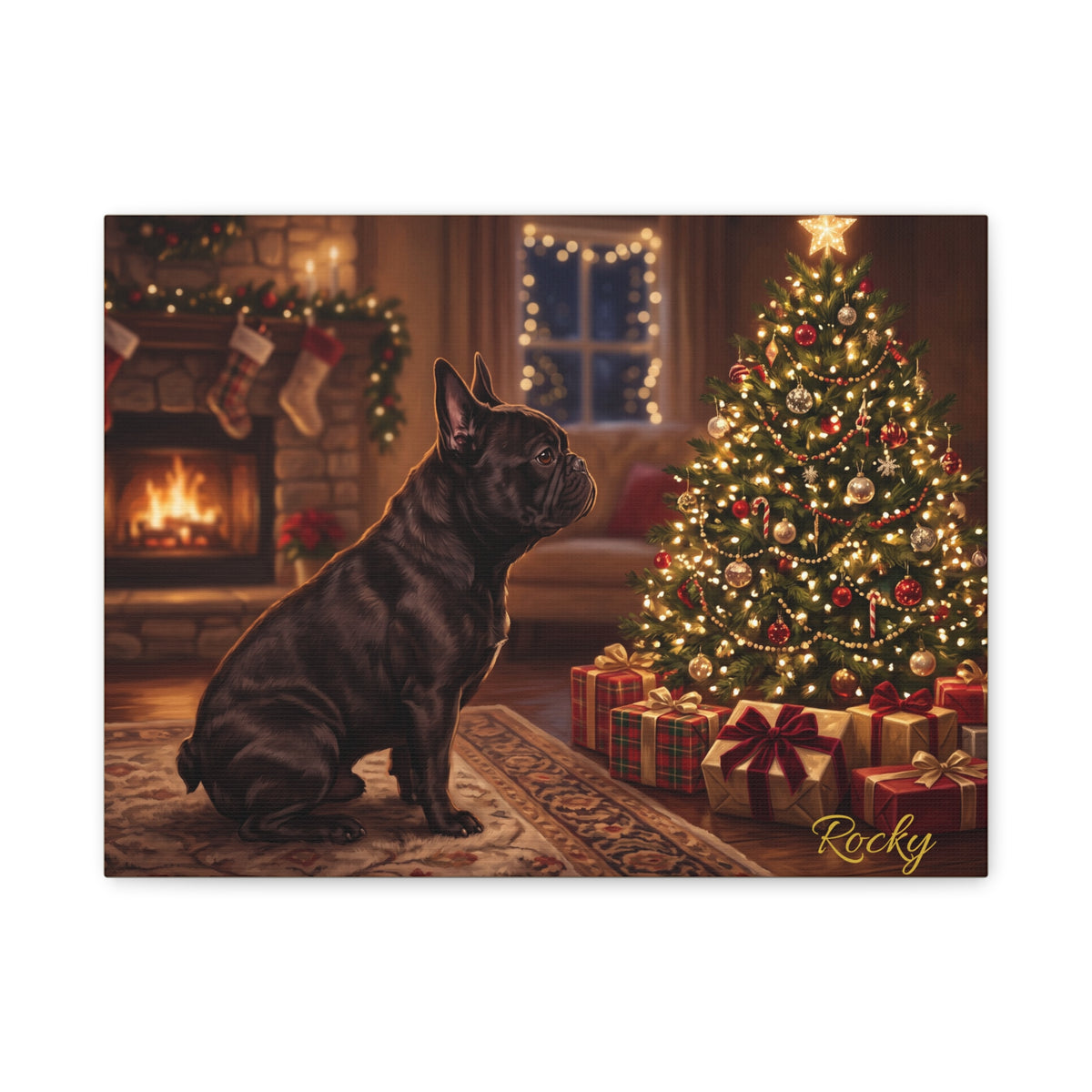 French Bulldog Personalized Canvas | Cozy Christmas Fireside Wall Art