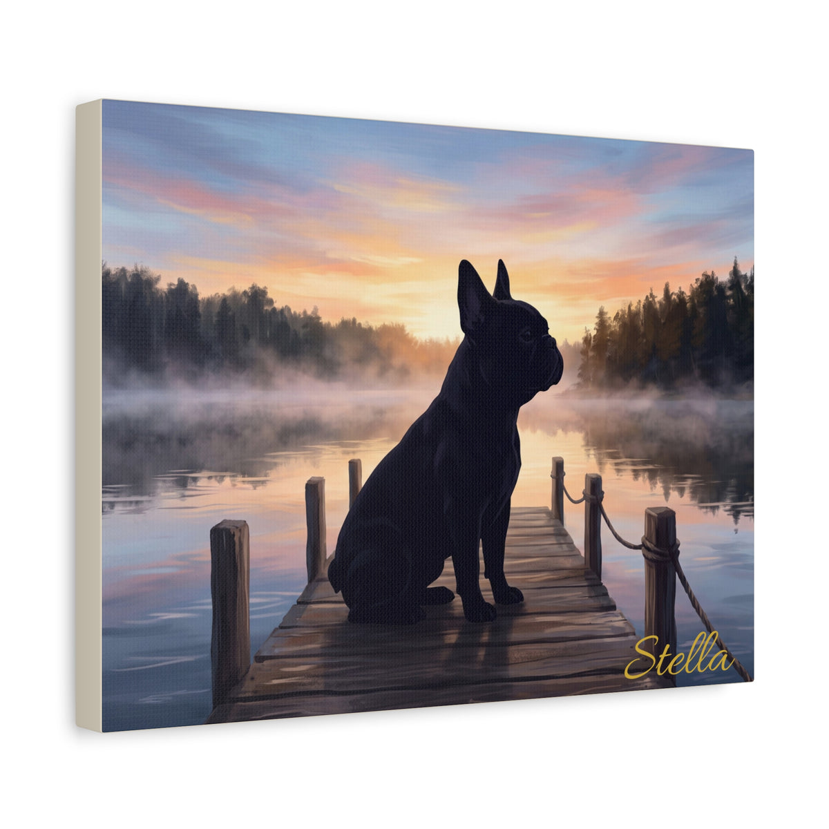 French Bulldog Silhouette Personalized Canvas | Misty Lake Sunrise Dock Wall Art