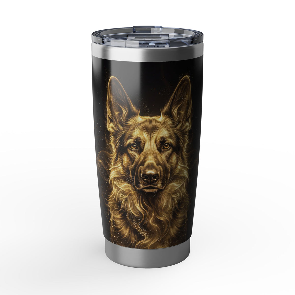 German Shepherd Tumbler | Gold Smoke Art — 20 oz Stainless Travel Mug