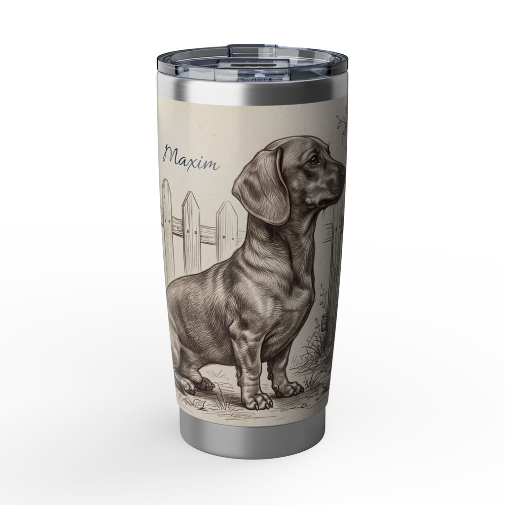 Royal Dachshund Stainless Tumbler — 20 oz Personalized Travel Mug with Cottage Garden Design