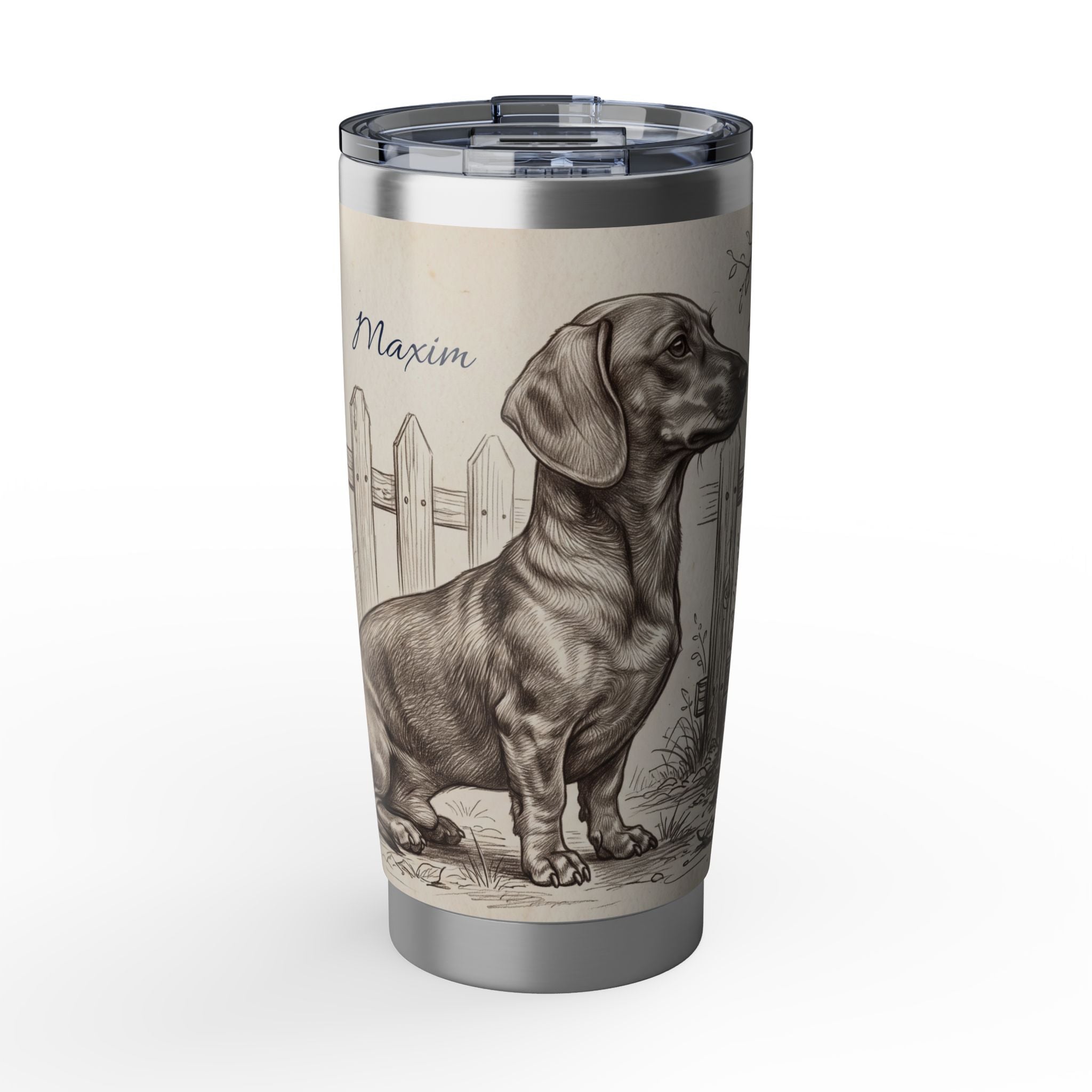 Royal Dachshund Stainless Tumbler — 20 oz Personalized Travel Mug with Cottage Garden Design