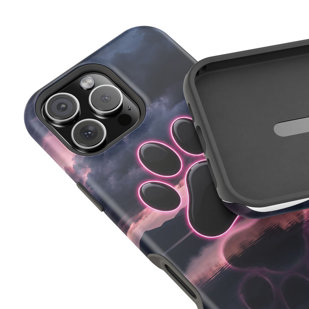 Neon Paw Print Phone Case — Impact-Resistant Wireless Charging Cover